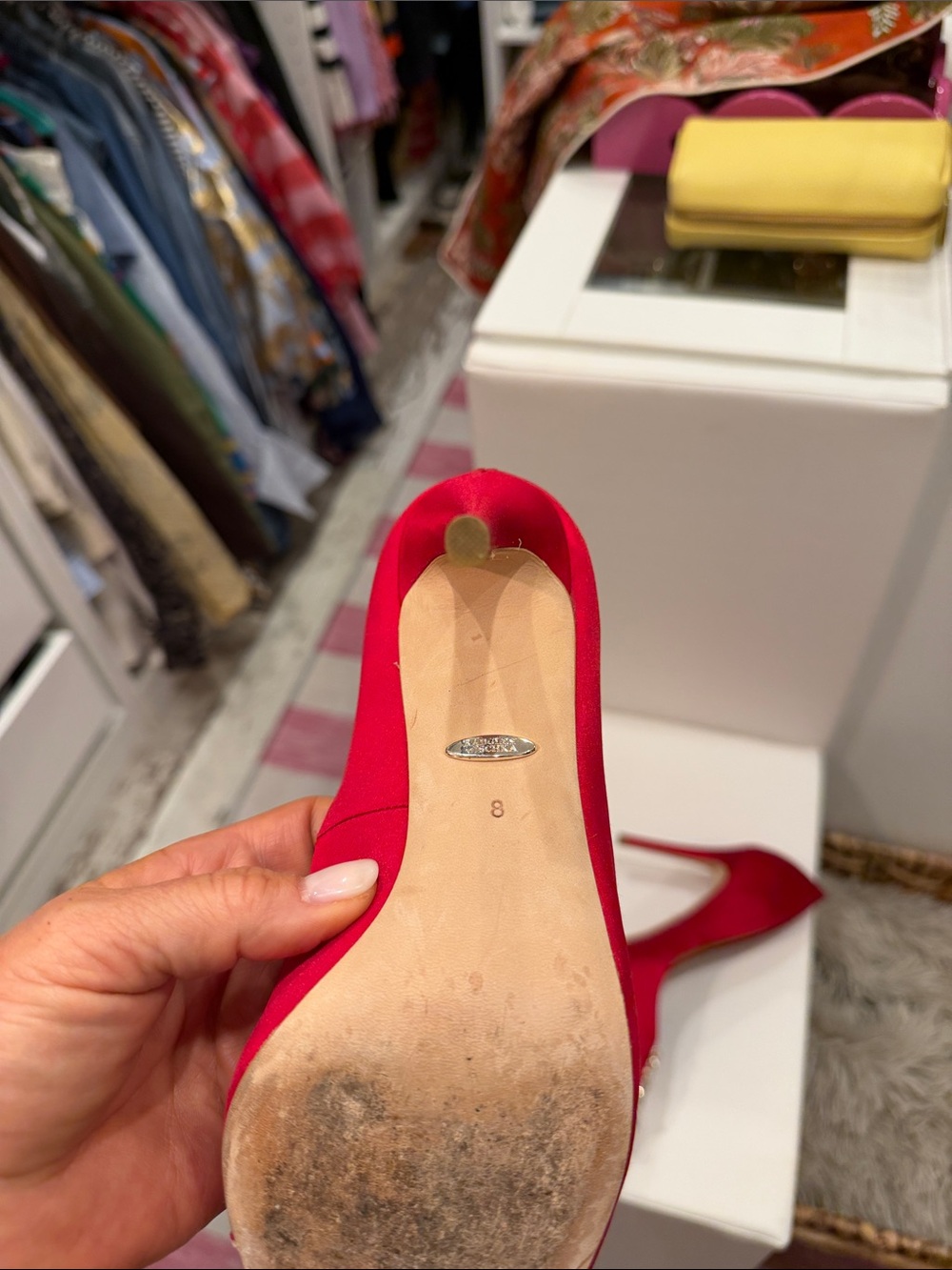 Badgley Mischka Red Satin Pointed-Toe Pumps with Crystal Buckle - Picture 3 of 4